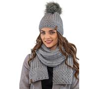 Vivisence bonnet à pompon et écharpe pour femme, couvre-chef et cache-cou chauds pour l'hiver et l'automne, bonnet d'hiver à pompon, ensemble d'hiver pour femme, fabriqué dans l'UE, gris clair, taille