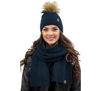 Vivisence bonnet à pompon et écharpe pour femme, couvre-chef et cache-cou chauds pour l'hiver et l'automne, bonnet d'hiver à pompon, ensemble d'hiver pour femme, fabriqué dans l'UE, bleu foncé, unité