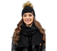 Vivisence bonnet à pompon et écharpe pour femme, couvre-chef et cache-cou chauds pour l'hiver et l'automne, bonnet d'hiver à pompon, ensemble d'hiver pour femme, fabriqué dans l'UE, noir, taille uniqu