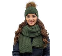 Vivisence bonnet à pompon et écharpe pour femme, couvre-chef et cache-cou chauds pour l'hiver et l'automne, bonnet d'hiver à pompon, ensemble d'hiver pour femme, fabriqué dans l'UE, vert, taille uniqu
