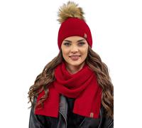 Vivisence bonnet à pompon et écharpe pour femme, couvre-chef et cache-cou chauds pour l'hiver et l'automne, bonnet d'hiver à pompon, ensemble d'hiver pour femme, fabriqué dans l'UE, rouge, taille uniq