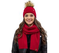 Vivisence bonnet à pompon et écharpe pour femme, couvre-chef et cache-cou chauds pour l'hiver et l'automne, bonnet d'hiver à pompon, ensemble d'hiver pour femme, fabriqué dans l'UE, rouge, taille uniq