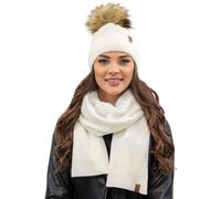 Vivisence bonnet à pompon et écharpe pour femme, couvre-chef et cache-cou chauds pour l'hiver et l'automne, bonnet d'hiver à pompon, ensemble d'hiver pour femme, fabriqué dans l'UE, écru, taille uniqu