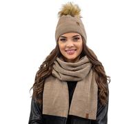 Vivisence bonnet à pompon et écharpe pour femme, couvre-chef et cache-cou pour l'hiver et l'automne, chaud et épais, bonnet d'hiver à pompon, ensemble d'hiver pour femme, fabriqué en UE, beige, taille