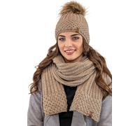 Vivisence bonnet à pompon et écharpe pour femme, couvre-chef et cache-cou pour l'hiver et l'automne, chaud et épais, bonnet d'hiver à pompon, ensemble d'hiver pour femme, fabriqué en UE, beige, taille