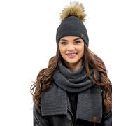 Vivisence bonnet à pompon et écharpe pour femme, couvre-chef et cache-cou pour l'hiver et l'automne, chaud et épais, bonnet d'hiver à pompon, ensemble d'hiver pour femme, fabriqué en UE, gris foncé, u