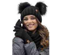 VIVISENCE Bonnet Cache-Cou Et Gants pour Femme L'automne Et l'hiver Ensemble Chic avec Pompons Écologiques Ajustable Doublés en Polaire pour Froid Extrême 70106 Kmpl+R, Noir,Taille Unique