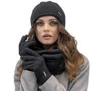 VIVISENCE Bonnet Cache-Cou Et Gants pour Femme L'automne Et l'hiver Ensemble en Laine Chaud Confort Ajusté Doublé Qualité Supérieure 7087Kmpl, Noir Mélange,Taille Unique
