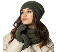 VIVISENCE Bonnet Cache-Cou Et Gants pour Femme L'automne Et l'hiver Ensemble en Laine Chaud Confort Ajusté Doublé Qualité Supérieure 7087Kmpl, Vert Mélange,Taille Unique