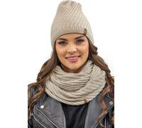 Vivisence bonnet d'hiver et écharpe avec boucle pour femmes, couvre-chef et cache-cou pour l'hiver et l'automne, chaud et épais, ensemble d'hiver pour femmes, fabriqué dans l'UE, beige, taille unique