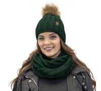 VIVISENCE Bonnet Écharpe pour Femme L'automne Et l'hiver Ensemble À La Mode avec Pompon en Fausse Fourrure Cou Doublé De Polaire Chaud Et Confortable Idéal pour Les Froides, Vert,Taille Unique