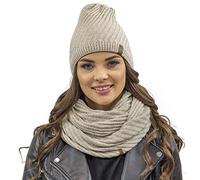 VIVISENCE Bonnet Et Cache Cou Femme Pour L'automne Et L'hiver Ensemble Chaud Et Élégant Tricoté Avec Pompon Fourrure Doux Et Confortable Pour Activités Quotidiennes Et Plein Air, Beige,Taille Unique