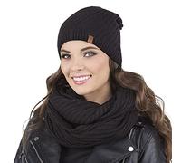 VIVISENCE Bonnet Et Cache Cou Femme pour L'automne Et l'hiver Ensemble Chaud Et Élégant Tricoté avec Pompon Fourrure Doux Et Confortable pour Activités Quotidiennes Et Plein Air, Noir,Taille Unique