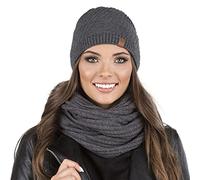 VIVISENCE Bonnet Et Cache Cou Femme pour L'automne Et l'hiver Ensemble Chaud Et Élégant Tricoté avec Pompon Fourrure Doux Et Confortable pour Activités Quotidiennes Et Plein, Gris Foncé,Taille Unique