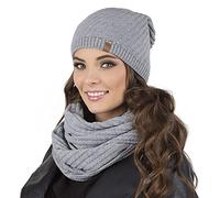 VIVISENCE Bonnet Et Cache Cou Femme pour L'automne Et l'hiver Ensemble Chaud Et Élégant Tricoté avec Pompon Fourrure Doux Et Confortable pour Activités Quotidiennes Et Plein, Gris Clair,Taille Unique