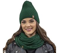 VIVISENCE Bonnet Et Cache Cou Femme pour L'automne Et l'hiver Ensemble Chaud Et Élégant Tricoté avec Pompon Fourrure Doux Et Confortable pour Activités Quotidiennes Et Plein Air, Vert,Taille Unique