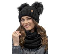 VIVISENCE Bonnet Et Cache Cou pour Femme L'automne Et l'hiver Ajusté avec Pompons Ensemble À La Mode Pliable en Fils Chauds Et Doublé Polaire Antistatique avec Patchs en Cuir, Noir,Taille Unique