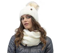 VIVISENCE Bonnet Et Cache Cou pour Femme L'automne Et l'hiver avec Pompon en Fourrure Écologique Et Doublure en Polaire Ensemble Chaud Et Confortable Idéal pour Les Activités, Écru,Taille Unique