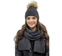 VIVISENCE Bonnet Et Écharpe Ensemble pour Femmes Élégant pour L'automne Et l'hiver avec Pompon en Fausse Fourrure Design Classique Confort Optimal pour Les Jours Froids, Gris Foncé,Taille Unique
