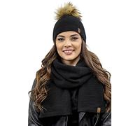 VIVISENCE Bonnet Et Écharpe Ensemble pour Femmes Élégant pour L'automne Et l'hiver avec Pompon en Fausse Fourrure Design Classique Confort Optimal pour Les Jours Froids Cadeau, Noir,Taille Unique