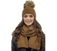 VIVISENCE Bonnet Et Écharpe Ensemble pour Femmes Élégant pour L'automne Et l'hiver avec Pompon en Fausse Fourrure Design Classique Confort Optimal pour Les Jours Froids Cadeau, Bronze,Taille Unique