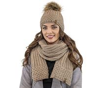 Vivisence Bonnet Et Écharpe Femme Pour L'automne Et L'hiver Ensemble En Fil Chaud Avec Doublure En Polaire Anti-Statique Et Pompon En Fausse Fourrure Parfait Pour Les Froids Jours, Beige,Taille Unique