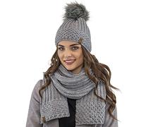 VIVISENCE Bonnet Et Écharpe Femme pour L'automne Et l'hiver Ensemble en Fil Chaud avec Doublure en Polaire Anti-Statique Et Pompon en Fausse Fourrure Parfait pour Les Froids, Gris Clair,Taille Unique