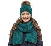 VIVISENCE Bonnet Et Écharpe Femme Pour L'automne Et L'hiver Ensemble En Fil Chaud Avec Doublure En Polaire Anti-Statique Et Pompon En Fausse Fourrure Parfait Pour Les, Turquoise Foncé,Taille Unique