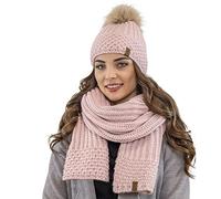 Vivisence Bonnet Et Écharpe Femme Pour L'automne Et L'hiver Ensemble En Fil Chaud Avec Doublure En Polaire Anti-Statique Et Pompon En Fausse Fourrure Parfait Pour Les Froids, Rose Poudré,Taille Unique