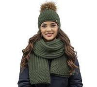 VIVISENCE Bonnet Et Écharpe Femme pour L'automne Et l'hiver Ensemble en Fil Chaud avec Doublure en Polaire Anti-Statique Et Pompon en Fausse Fourrure Parfait pour Les Froids Jours, Vert,Taille Unique