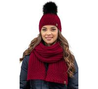 Vivisence bonnet et écharpe pour femmes avec pompon, couvre-tête et cou chauds pour l'hiver et l'automne, bonnet d'hiver avec pompon, ensemble d'hiver pour femmes, fabriqué dans l'UE, rouge bordeaux,