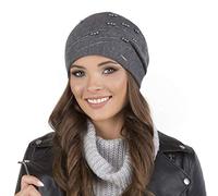 VIVISENCE Bonnet Femme Automne Hiver Élégant en Laine Et Acrylique avec Décorations De Zircones Et Perles Style Classique Chaud Et Confortable Taille Unique Parfait pour, Gris Foncé,Taille Unique