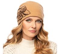 VIVISENCE Bonnet Femme Automne Hiver Élégant en Laine Vierge Fait Main Décoré De Perles Idéal pour Lhiver Ajustement Parfait Confort Optimal Cadeau Livré en Boîte Décorative 7068, Beige,Taille Unique