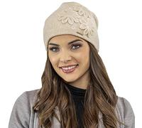VIVISENCE Bonnet Femme Automne Hiver en Laine Élégant Et À La Mode Protection Contre Le Froid Applications Florales Ajustement Parfait Idéal Et comme Idée Cadeau 7053, Beige,Taille Unique