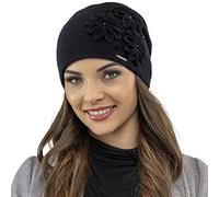 VIVISENCE Bonnet Femme Automne Hiver en Laine Élégant Et À La Mode Protection Contre Le Froid Applications Florales Ajustement Parfait Idéal Et comme Idée Cadeau 7053, Noir,Taille Unique