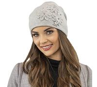 VIVISENCE Bonnet Femme Automne Hiver en Laine Élégant Et À La Mode Protection Contre Le Froid Applications Florales Ajustement Parfait Idéal Et comme Idée Cadeau 7053, Gris Clair,Taille Unique