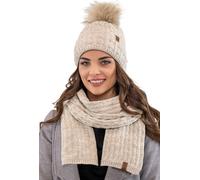 Vivisence bonnet femme avec pompon et écharpe couvre-chef chaud et cache-cou pour l'hiver et l'automne chaud épais, bonnet d'hiver avec pompon, ensemble d'hiver pour femmes, fabriqué en UE, beige, tai
