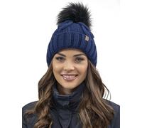 VIVISENCE Bonnet Femme d'hiver Automne en Tricot Doux Doublé Polaire avec Pompon en Fausse Fourrure Antistatique Chaud Et Ajustable Parfait pour Les Jours Froids 7014, Bleu Foncé,Taille Unique
