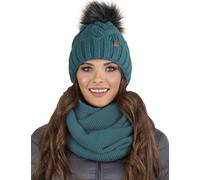 VIVISENCE Bonnet Femme Et Écharpe pour L'automne Et l'hiver À Pompon Cache-Cou Ensemble Classique en Fils Chauds avec Doublure en Polaire Parfait pour Les Journées, Turquoise Foncé,Taille Unique