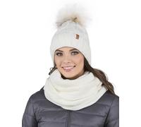 VIVISENCE Bonnet Femme Et Écharpe pour L'automne Et l'hiver À Pompon Cache-Cou Ensemble Classique en Fils Chauds avec Doublure en Polaire Parfait pour Les Journées Froides 7014, Ecru,Taille Unique