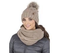 VIVISENCE Bonnet Femme Et Écharpe pour L'automne Et l'hiver À Pompon Cache-Cou Ensemble Classique en Fils Chauds avec Doublure en Polaire Parfait pour Les Journées Froides 7014, Beige,Taille Unique