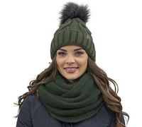 VIVISENCE Bonnet Femme Et Écharpe pour L'automne Et l'hiver À Pompon Cache-Cou Ensemble Classique en Fils Chauds avec Doublure en Polaire Parfait pour Les Journées Froides 7014, Vert,Taille Unique