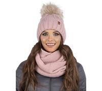 VIVISENCE Bonnet Femme Et Écharpe pour L'automne Et l'hiver À Pompon Cache-Cou Ensemble Classique en Fils Chauds avec Doublure en Polaire Parfait pour Les Journées Froides, Rose Clair,Taille Unique