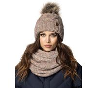 VIVISENCE Bonnet Femme Et Écharpe pour L'automne Et l'hiver À Pompon Cache-Cou Ensemble Classique en Fils Chauds avec Doublure en Polaire Parfait pour Les Journées Froides, Brun Mélange,Taille Unique