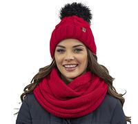 VIVISENCE Bonnet Femme Et Écharpe pour L'automne Et l'hiver À Pompon Cache-Cou Ensemble Classique en Fils Chauds avec Doublure en Polaire Parfait pour Les Journées Froides 7014, Rouge,Taille Unique