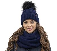 VIVISENCE Bonnet Femme Et Écharpe pour L'automne Et l'hiver À Pompon Cache-Cou Ensemble Classique en Fils Chauds avec Doublure en Polaire Parfait pour Les Journées Froides, Bleu Foncé,Taille Unique
