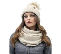 VIVISENCE Bonnet Femme Et Écharpe pour L'automne Et l'hiver À Pompon Cache-Cou Ensemble Classique en Fils Chauds avec Doublure en Polaire Parfait pour Les Journées Froides, Beige Clair,Taille Unique