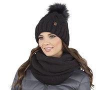 VIVISENCE Bonnet Femme Et Écharpe pour L'automne Et l'hiver À Pompon Cache-Cou Ensemble Classique en Fils Chauds avec Doublure en Polaire Parfait pour Les Journées Froides 7014, Noir,Taille Unique