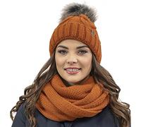 VIVISENCE Bonnet Femme Et Écharpe pour L'automne Et l'hiver À Pompon Cache-Cou Ensemble Classique en Fils Chauds avec Doublure en Polaire Parfait pour Les Journées Froides 7014, Orange,Taille Unique