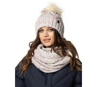 Vivisence Bonnet Femme Et Écharpe Pour L'automne Et L'hiver À Pompon Cache-Cou Ensemble Classique En Fils Chauds Avec Doublure En Polaire Parfait Pour Les Journées Froides, Blanc Mélange,Taille Unique